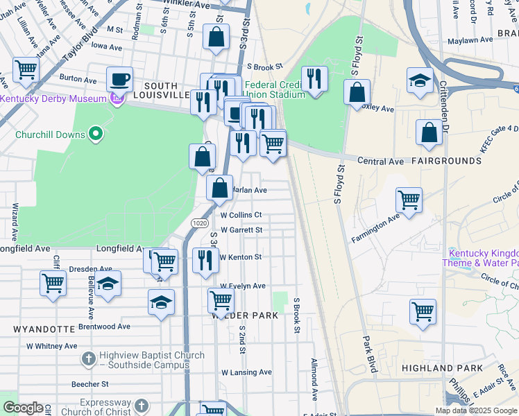 map of restaurants, bars, coffee shops, grocery stores, and more near 123 West Collins Court in Louisville