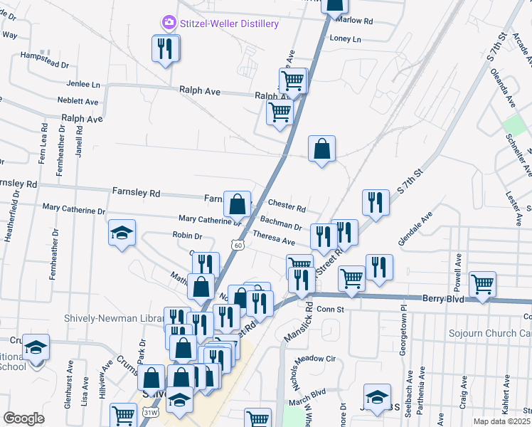 map of restaurants, bars, coffee shops, grocery stores, and more near 1731 Bachman Drive in Louisville