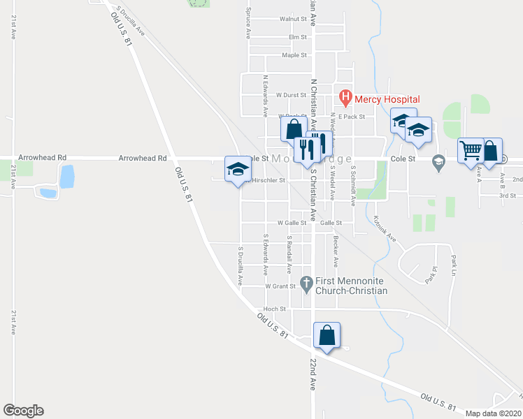 map of restaurants, bars, coffee shops, grocery stores, and more near 311 South Edwards Avenue in Moundridge