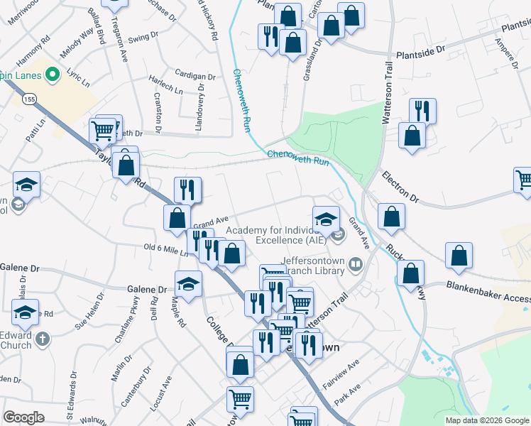 map of restaurants, bars, coffee shops, grocery stores, and more near in Jeffersontown