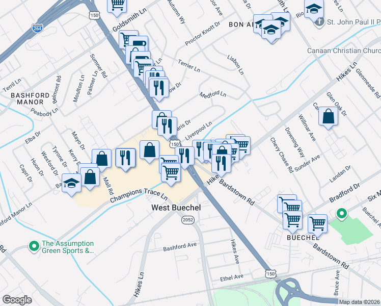 map of restaurants, bars, coffee shops, grocery stores, and more near 2201 Gerald Court in Louisville