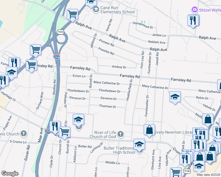 map of restaurants, bars, coffee shops, grocery stores, and more near in Shively