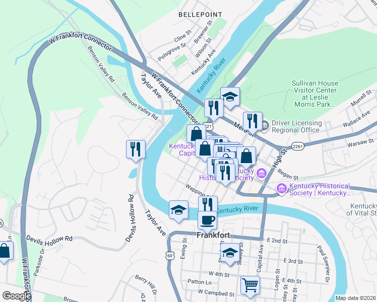 map of restaurants, bars, coffee shops, grocery stores, and more near 312-314 Wilkinson Boulevard in Frankfort