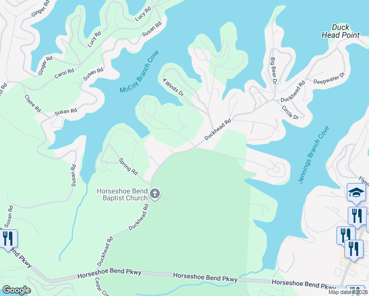 map of restaurants, bars, coffee shops, grocery stores, and more near Duckhead Rd in Lake Ozark