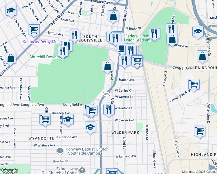 map of restaurants, bars, coffee shops, grocery stores, and more near 3802 Southern Pkwy in Louisville