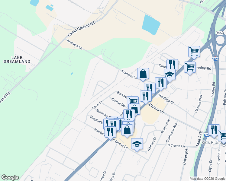 map of restaurants, bars, coffee shops, grocery stores, and more near 3702 Oboe Drive in Louisville