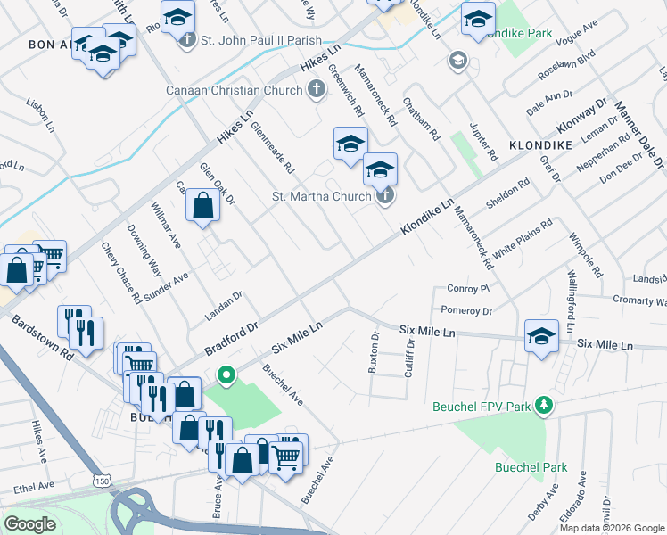 map of restaurants, bars, coffee shops, grocery stores, and more near 2719 Klondike Lane in Louisville