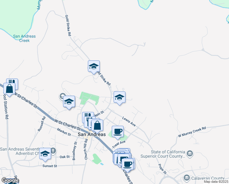 map of restaurants, bars, coffee shops, grocery stores, and more near 305 Neilsen Road in San Andreas