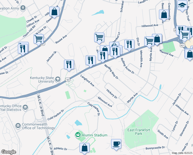 map of restaurants, bars, coffee shops, grocery stores, and more near 120 Marlowe Court in Frankfort