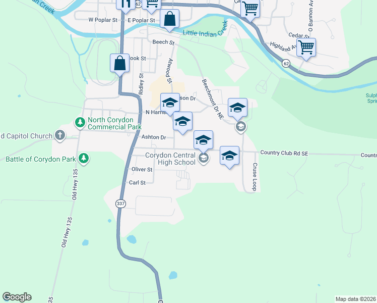 map of restaurants, bars, coffee shops, grocery stores, and more near 315 Country Club Road Southeast in Corydon