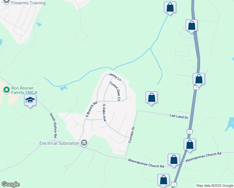 map of restaurants, bars, coffee shops, grocery stores, and more near 8706 Forest Glen Circle in Fredericksburg
