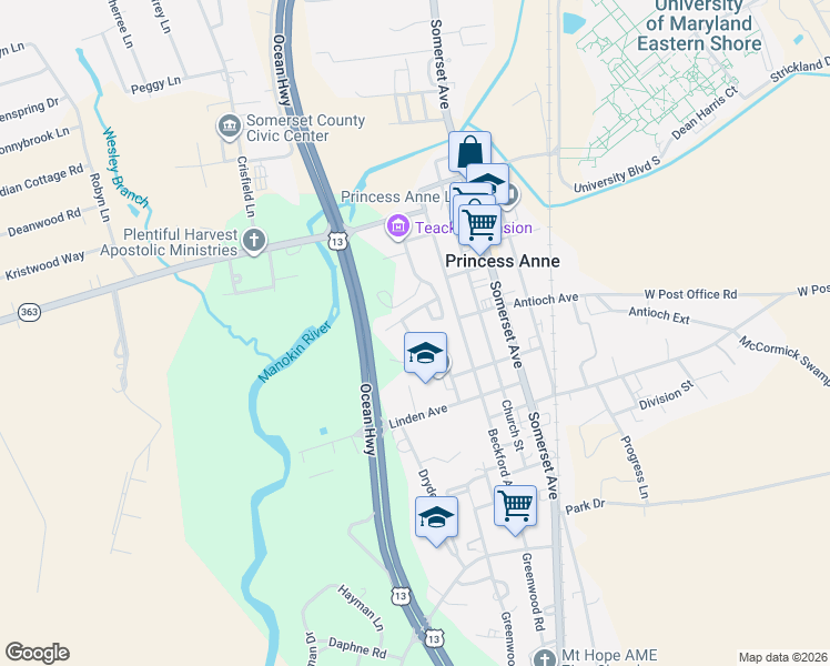 map of restaurants, bars, coffee shops, grocery stores, and more near 11622 Dennis Drive in Princess Anne