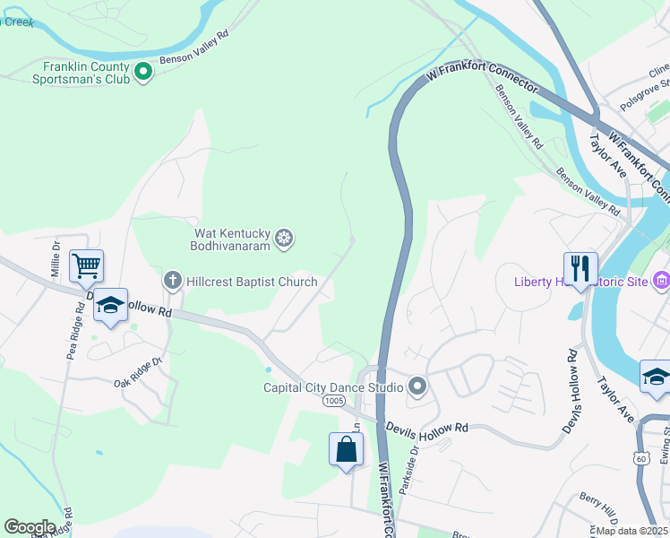 map of restaurants, bars, coffee shops, grocery stores, and more near 134 Skyview Drive in Frankfort