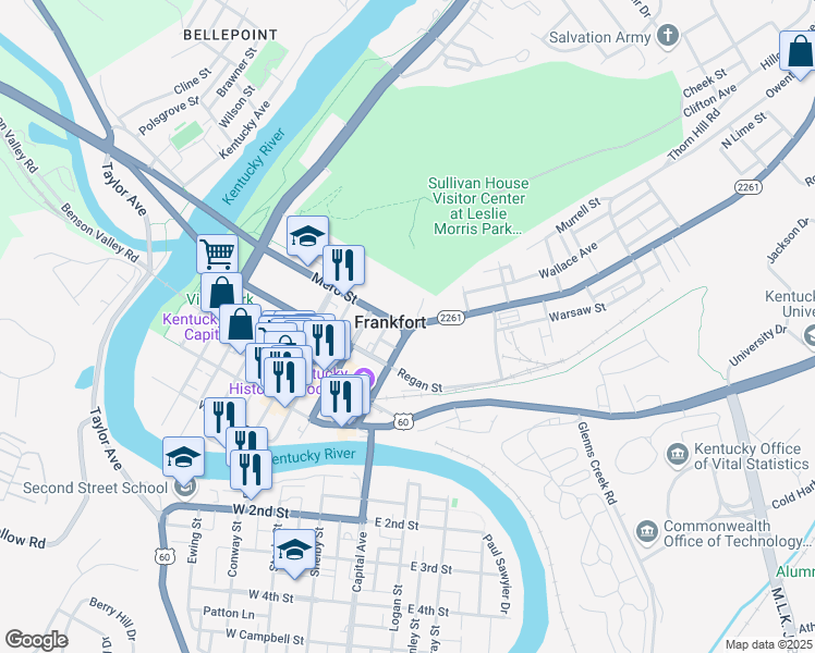 map of restaurants, bars, coffee shops, grocery stores, and more near 20 Mero Street in Frankfort