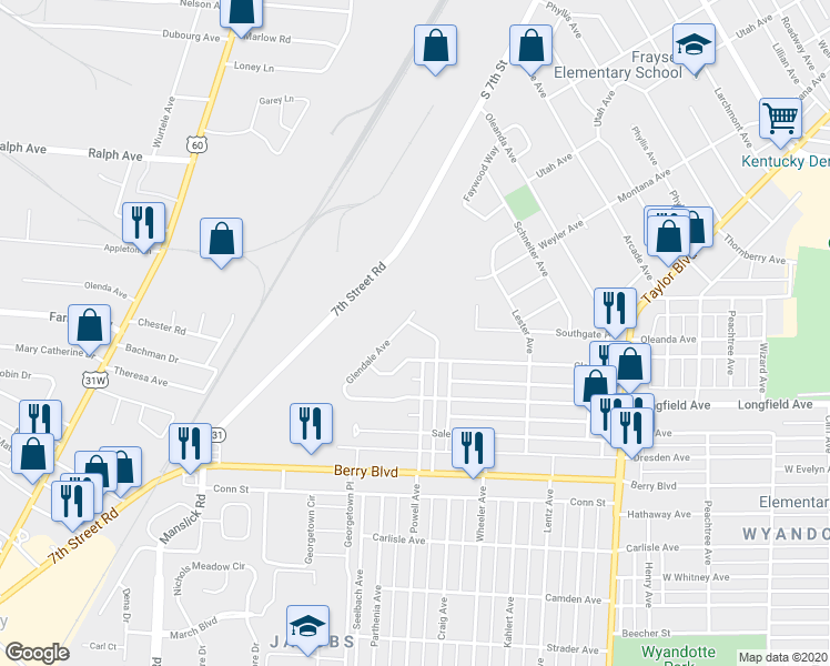 map of restaurants, bars, coffee shops, grocery stores, and more near 3302 Powell Avenue in Louisville