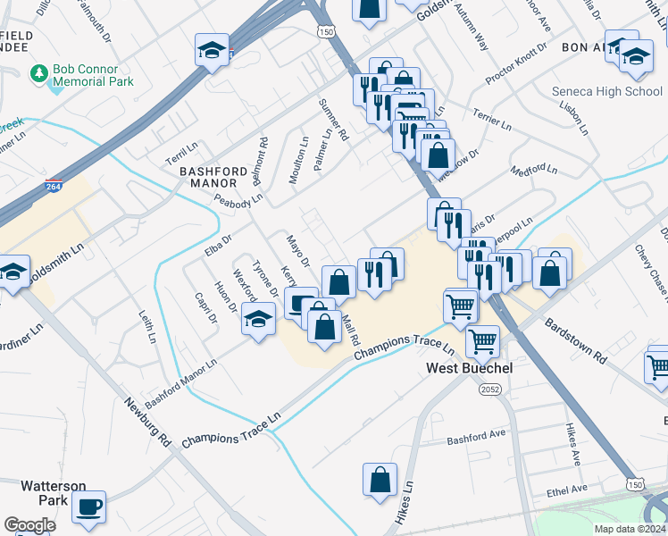 map of restaurants, bars, coffee shops, grocery stores, and more near 106 Donard Park Avenue in Louisville