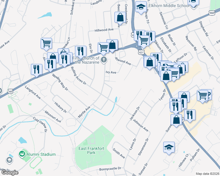 map of restaurants, bars, coffee shops, grocery stores, and more near 107 Rancho Court in Frankfort