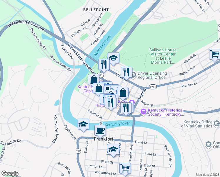 map of restaurants, bars, coffee shops, grocery stores, and more near 330 West Broadway Street in Frankfort