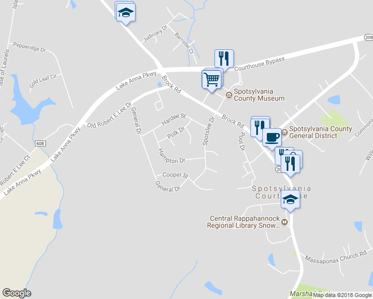 map of restaurants, bars, coffee shops, grocery stores, and more near 109 Holmes Court in Spotsylvania