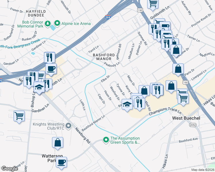 map of restaurants, bars, coffee shops, grocery stores, and more near in Louisville