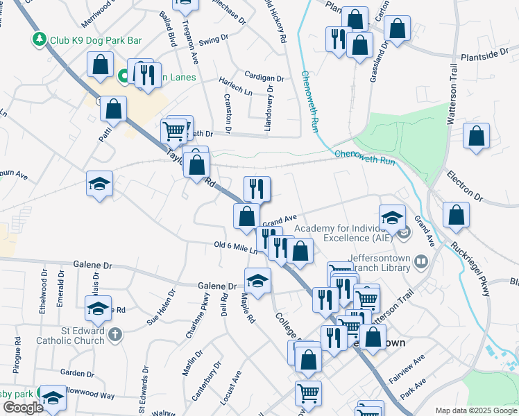 map of restaurants, bars, coffee shops, grocery stores, and more near 10103 Grand Avenue in Louisville