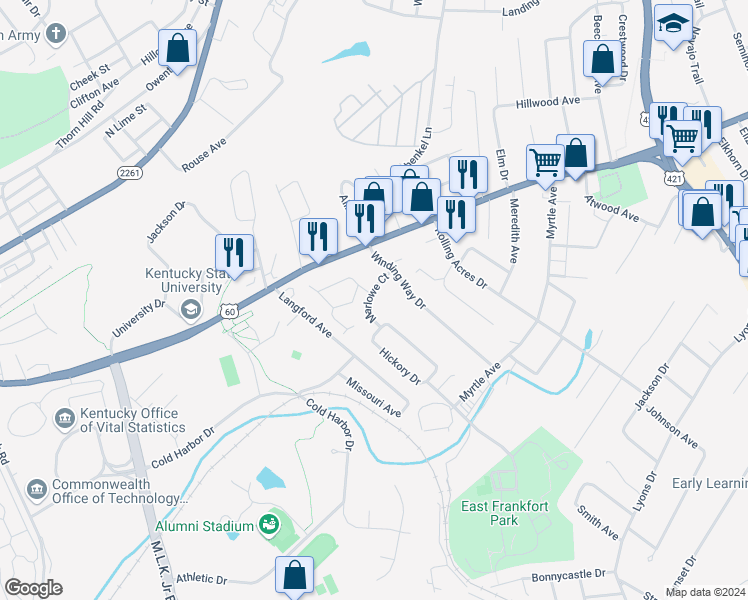 map of restaurants, bars, coffee shops, grocery stores, and more near 123 Marlowe Court in Frankfort