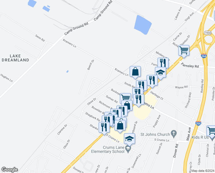 map of restaurants, bars, coffee shops, grocery stores, and more near 3700 Oboe Drive in Louisville