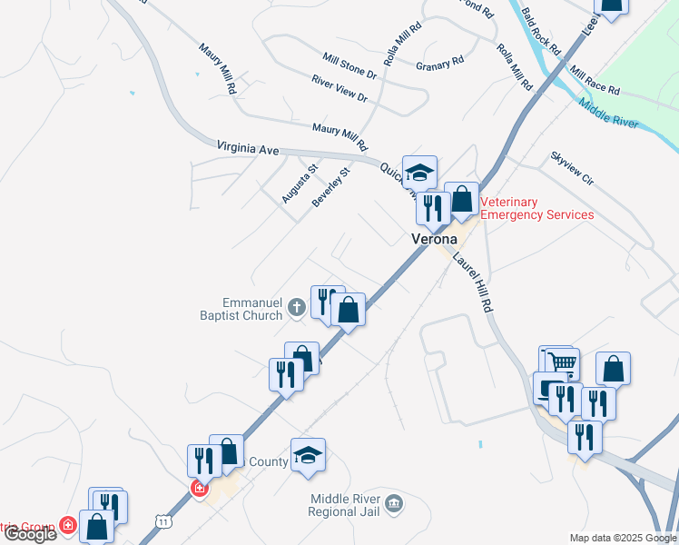 map of restaurants, bars, coffee shops, grocery stores, and more near 43 Verona Court Boulevard in Verona