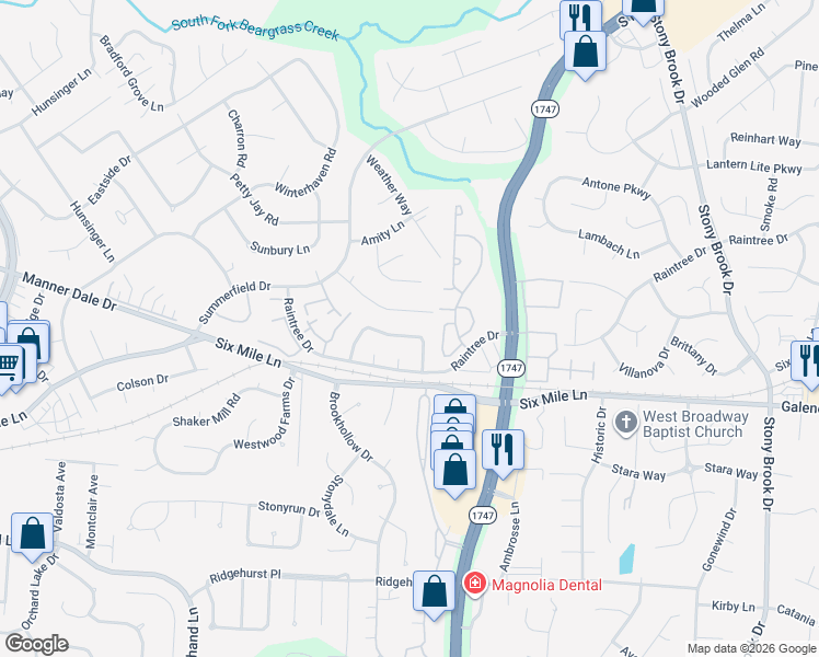 map of restaurants, bars, coffee shops, grocery stores, and more near 3401 Rainview Circle in Louisville