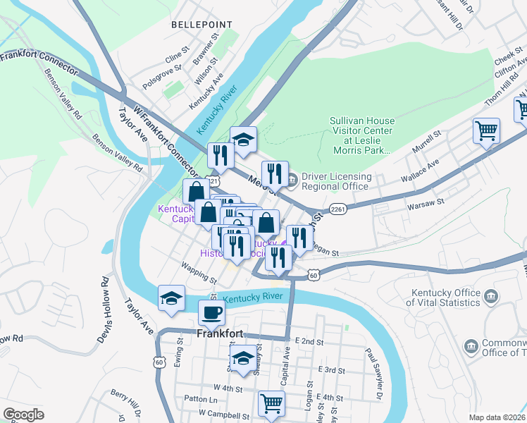 map of restaurants, bars, coffee shops, grocery stores, and more near 218 Clinton Street in Frankfort
