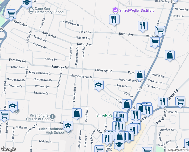 map of restaurants, bars, coffee shops, grocery stores, and more near 1848 Mary Catherine Drive in Louisville