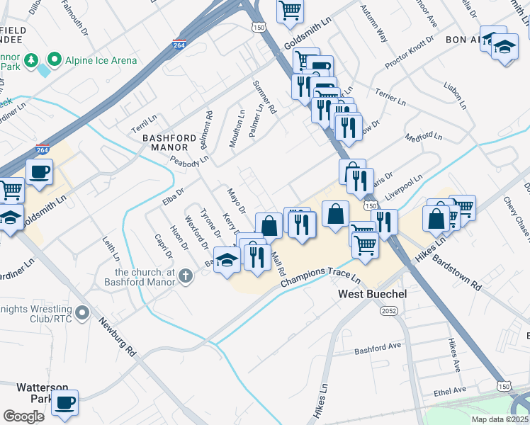 map of restaurants, bars, coffee shops, grocery stores, and more near 106 Donard Park Avenue in Louisville