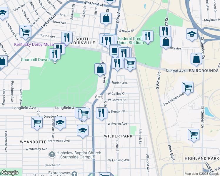 map of restaurants, bars, coffee shops, grocery stores, and more near 207 West Collins Court in Louisville