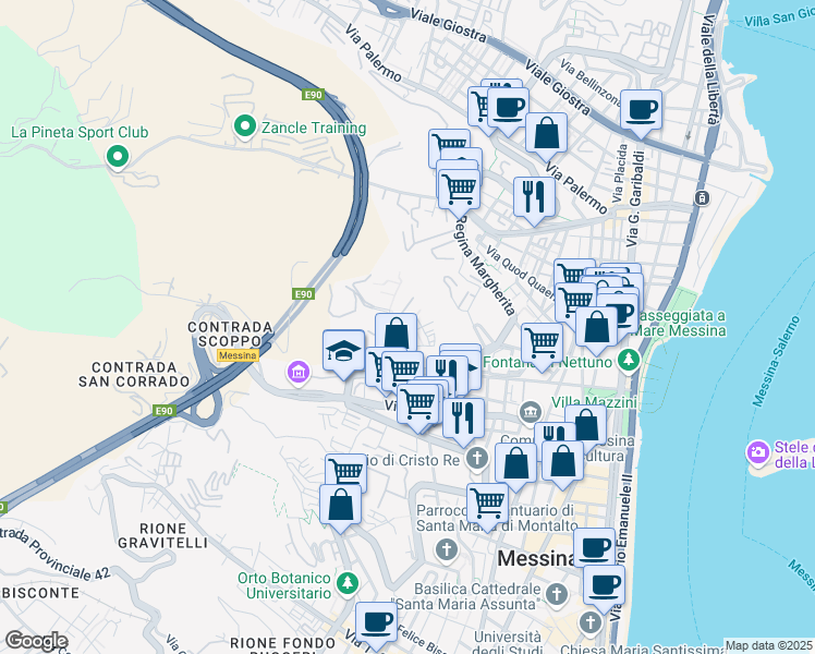 map of restaurants, bars, coffee shops, grocery stores, and more near Via Guglielmo Papaleone in Messina