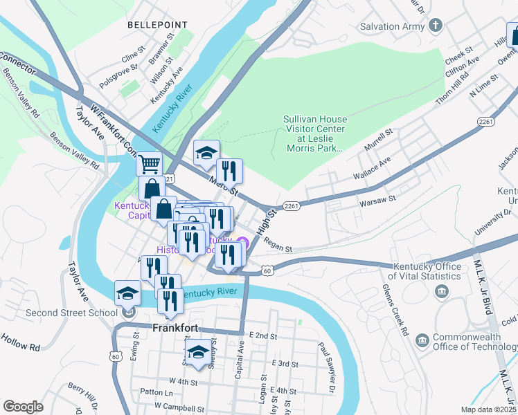 map of restaurants, bars, coffee shops, grocery stores, and more near in Frankfort