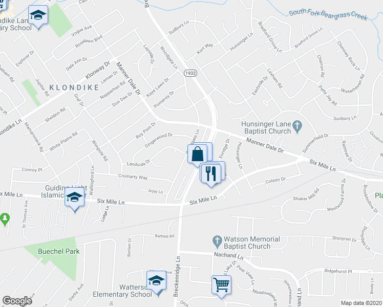 map of restaurants, bars, coffee shops, grocery stores, and more near 4207 Landside Drive in Louisville