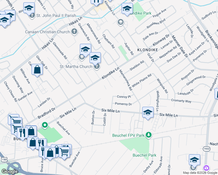 map of restaurants, bars, coffee shops, grocery stores, and more near 2828 Klondike Lane in Louisville