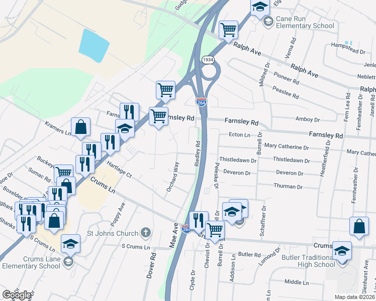 map of restaurants, bars, coffee shops, grocery stores, and more near 3004 Wayne Road in Louisville