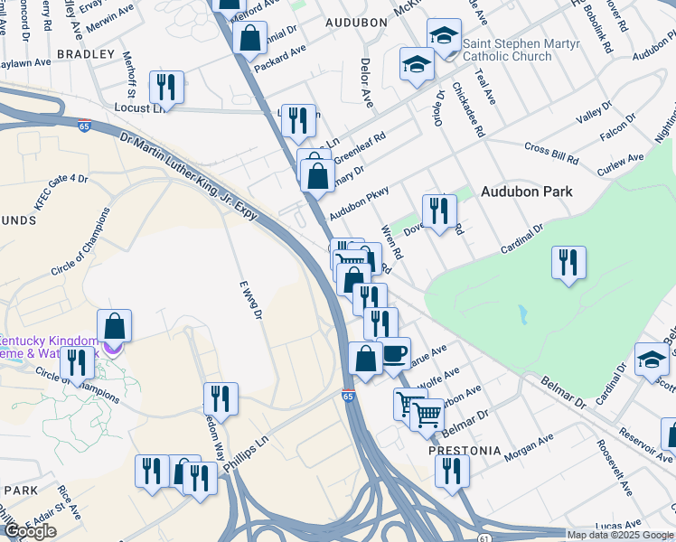 map of restaurants, bars, coffee shops, grocery stores, and more near 3314 Preston Hwy in Louisville
