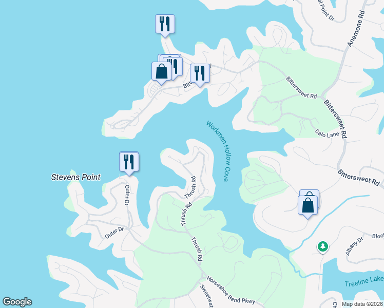 map of restaurants, bars, coffee shops, grocery stores, and more near 200-218 Thrush Road in Lake Ozark