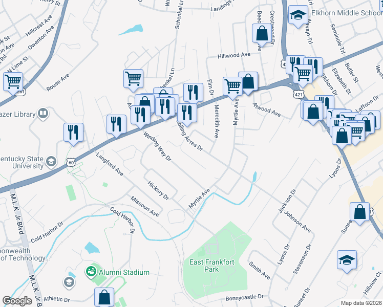 map of restaurants, bars, coffee shops, grocery stores, and more near 114 Turnberry Drive in Frankfort