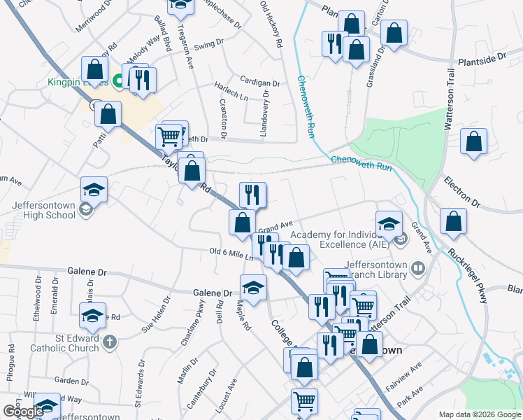 map of restaurants, bars, coffee shops, grocery stores, and more near 10103 Grand Avenue in Louisville