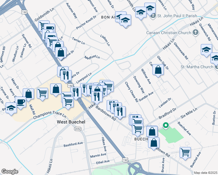map of restaurants, bars, coffee shops, grocery stores, and more near 2259 Hikes Lane in Louisville