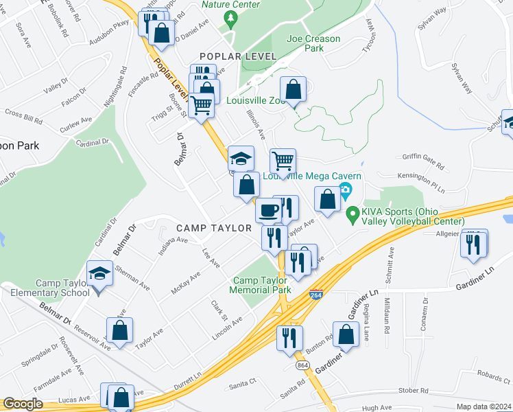 map of restaurants, bars, coffee shops, grocery stores, and more near 4006 Poplar Level Road in Louisville