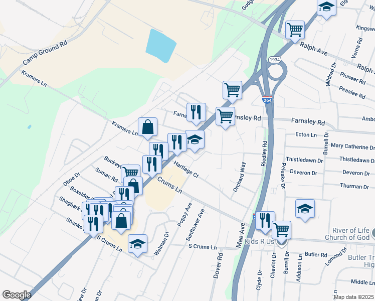 map of restaurants, bars, coffee shops, grocery stores, and more near 3221 Hartlage Court in Louisville