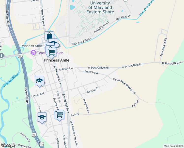 map of restaurants, bars, coffee shops, grocery stores, and more near 30752 Hampden Avenue in Princess Anne