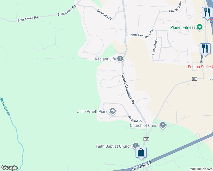 map of restaurants, bars, coffee shops, grocery stores, and more near 37 Adventura Drive in Festus