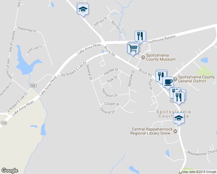 map of restaurants, bars, coffee shops, grocery stores, and more near 203 Mahone Court in Spotsylvania