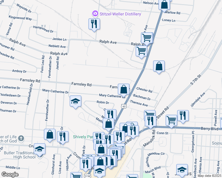 map of restaurants, bars, coffee shops, grocery stores, and more near 1823 Mary Catherine Drive in Louisville