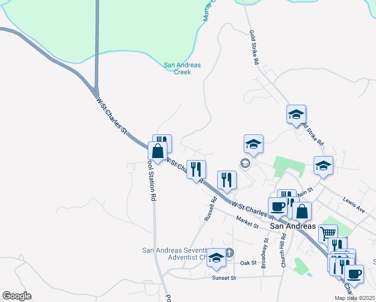 map of restaurants, bars, coffee shops, grocery stores, and more near 506 West Saint Charles Street in San Andreas